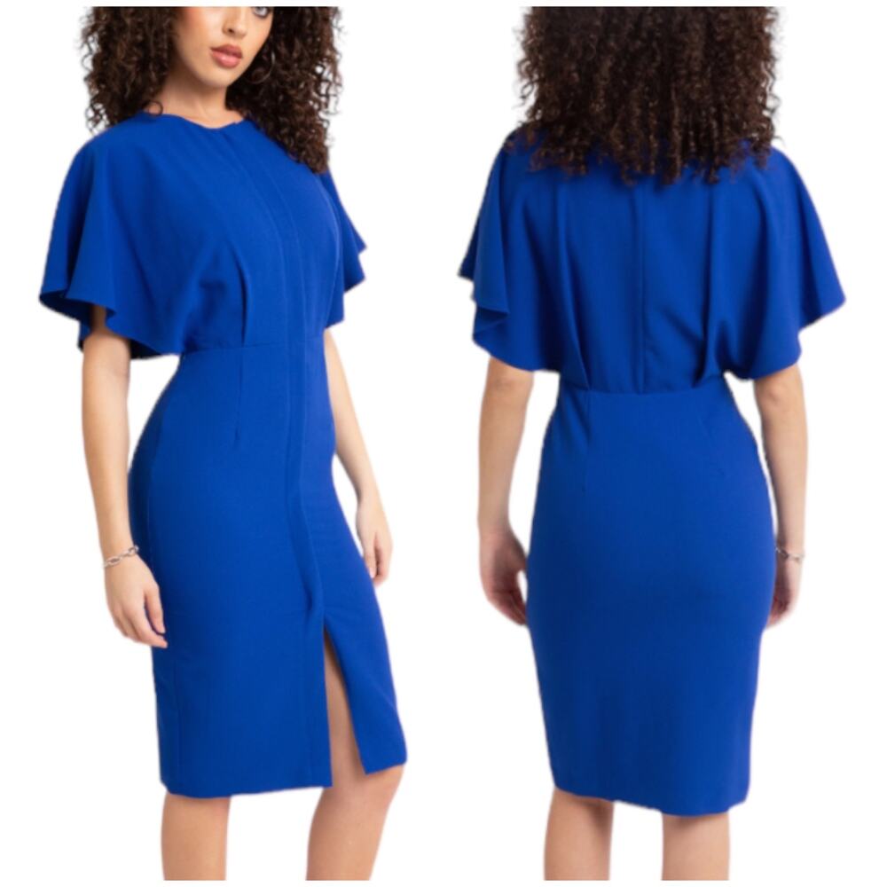 Black Halo NWT Holland Sheath Dress Size 4 Blue Tailored Bodice Short Sleeve